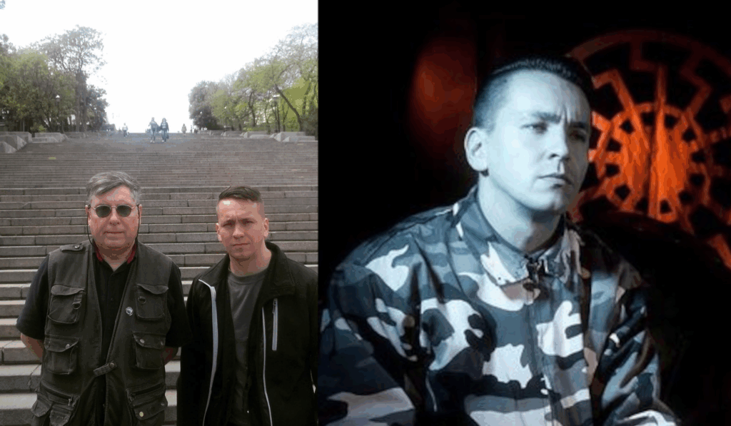 Linkes Bild: Douglas Pearce (links) von „Death In June“ mit Miro Snejdr (rechts) alias „Herr Lounge Corps“; Rechtes Bild: Miro Snejdr in Pose mit einer Fahne mit Motiv der „Schwarzen Sonne“, eine grafische Erfindung der Nationalsozialisten (rechts)