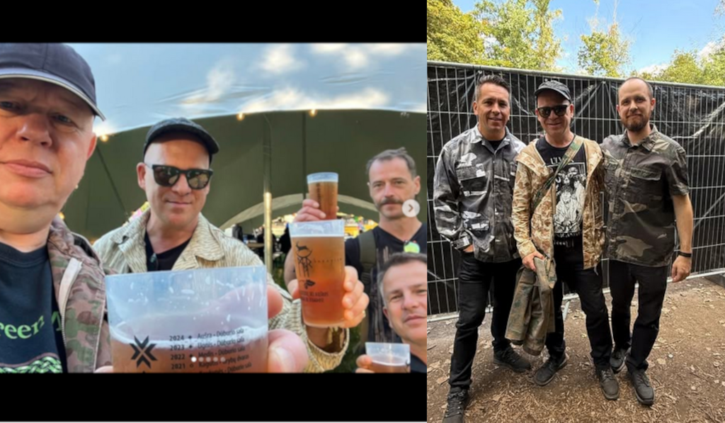 Linkes Bild: Jan-Steven Fricke (2.v.l.), Uwe Nolte (vorne, 1.v.r.)  Rechtes Bild: Miro Snejdr "Herr Lounge Corps" (links), Jan-Steven Fricke (mitte), Michał „Neithan“ Kiełbasa "Grave of Love" (rechts) am 06.09.2025 beim Nocturnal Culture Night Festival in Deutzen 